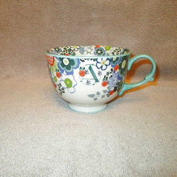 Anthropologie TEA TIME Coffee MUG Cup FOOTED Twist Handle MONOGRAM A Floral - Picture 4 of 8